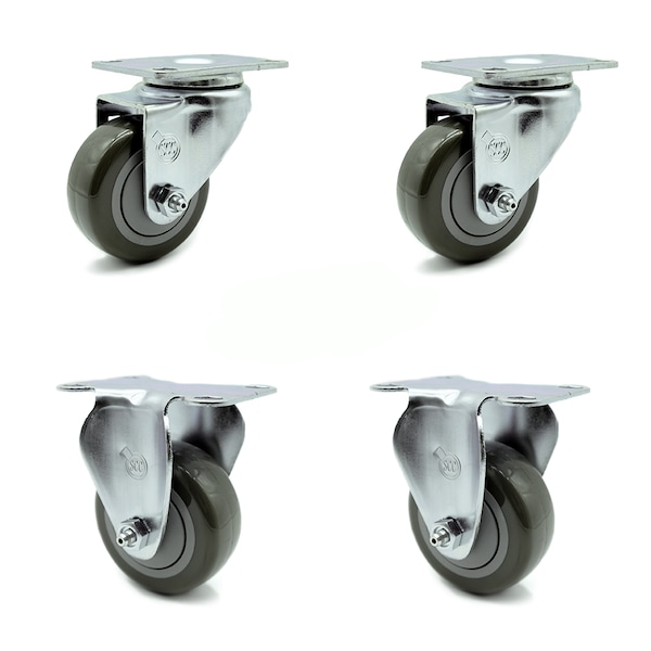 3 Inch Gray Polyurethane Wheel Swivel Top Plate Caster Set with 2 Rigid SCC